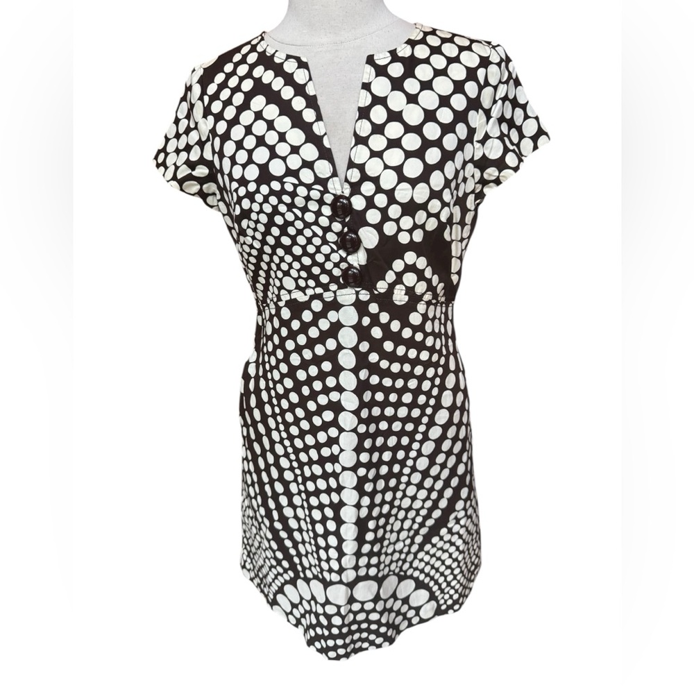 Y2K Milly Brown & Off White Polka Dot 100% Cotton Lined Mini Dress w/Hip Pockets